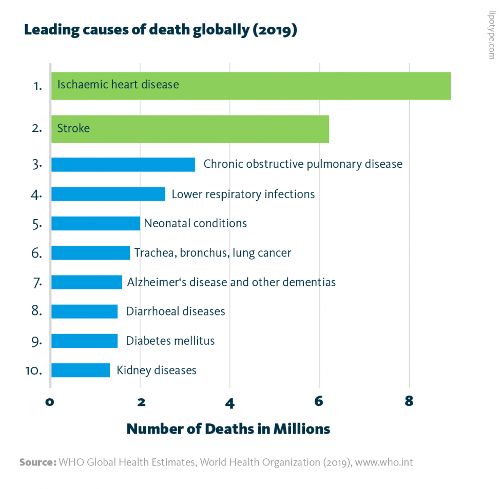 A graph showing the leading causes of death globally in 2019 including ischaemic heart disease, stroke, COPD, lower respiratory infections and more. The top two causes of death are cardiovascular diseases.