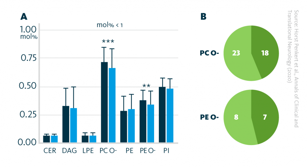 Graphs showing altered lipid classes and lipid species in blood plasma samples of patients with multiple sclerosis. Graph A highlights that the lipid class levels PC O- and PE O- are significantly decreased in multiple sclerosis. Graph B demonstrates that more than 40% of the lipid species belonging to the lipid classes PC O- and PE O- are significantly altered in multiple sclerosis.
