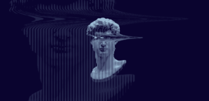 An abstract depiction of an antique bust with a reality warping slash hitting the head of the bust.