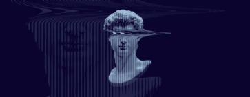 An abstract depiction of an antique bust with a reality warping slash hitting the head of the bust.