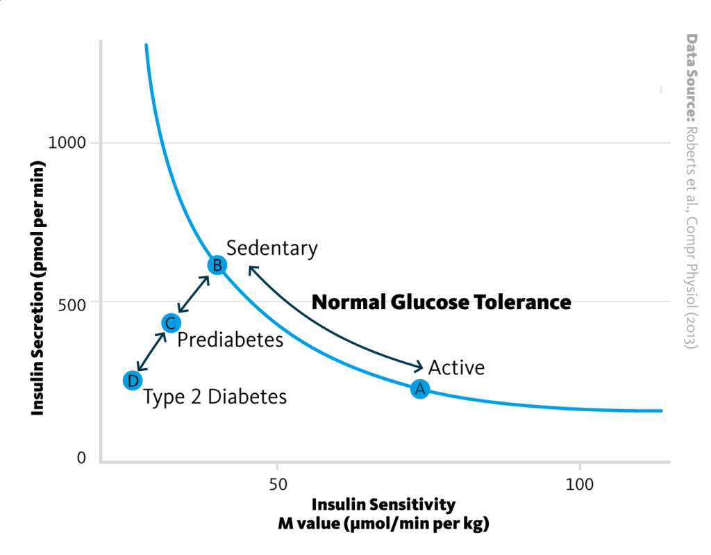 Insulin sensitivity is reduced in type II diabetes, reduced insulin sensitivity is an indicator of prediabetes.