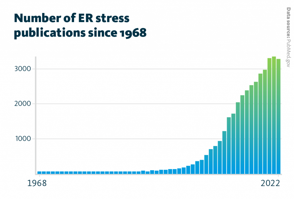 The number of annual publications which mention ER stress began to continuously increase from about 100 publications in 2000 to about 3,000 publications in 2020.