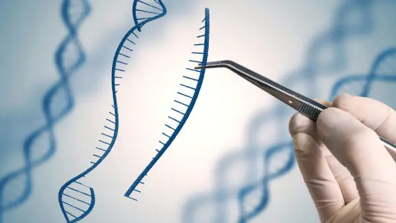 Lipid metabolism gene editing is visualized with the hand holding a part of a DNA with the forceps