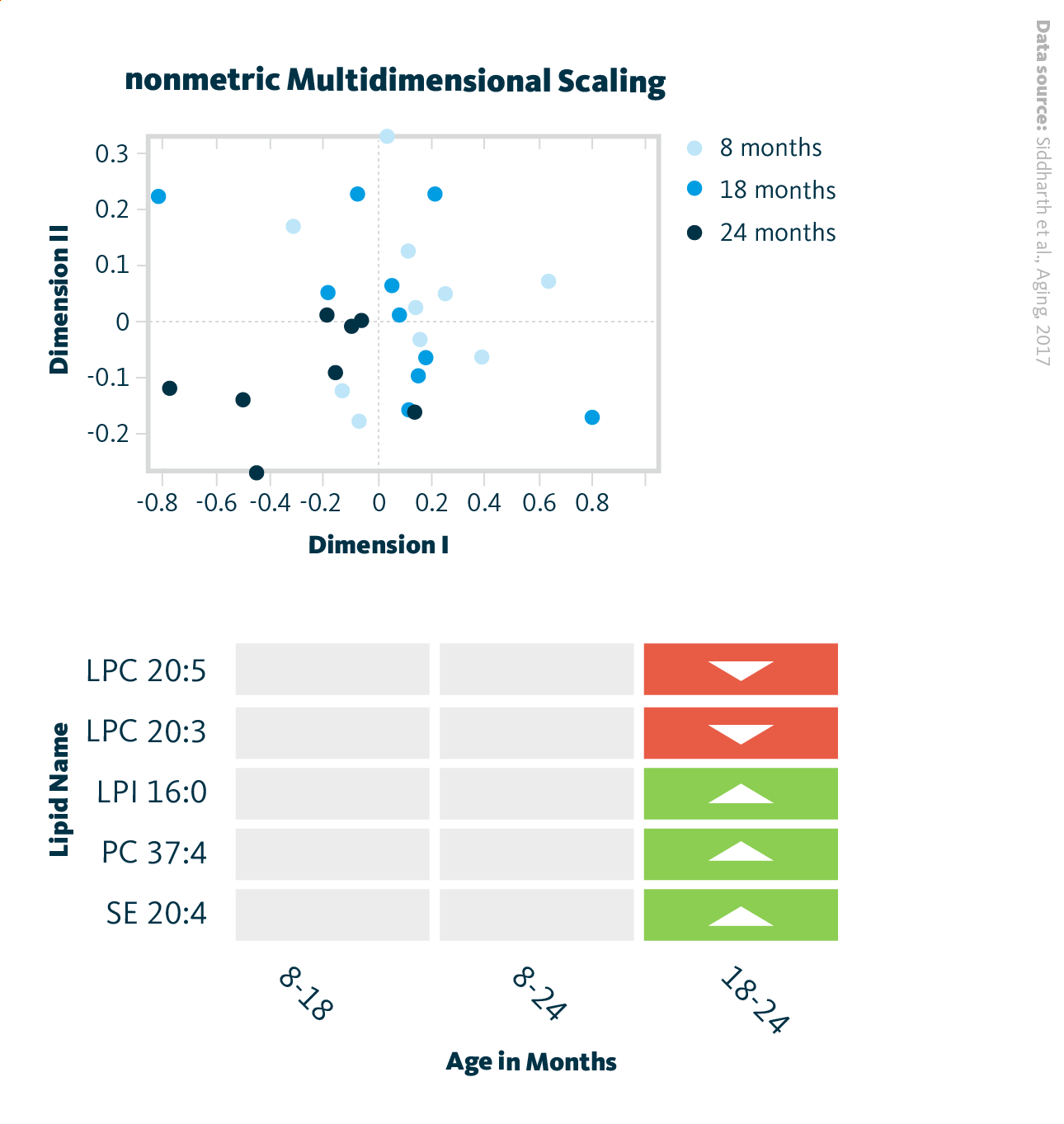Analysis and visualization of lipidomics data. A In the multivariate data analysis plot of a full lipidome, we observe a distinct division between the 18-month and 24-month samples. No separation between the 8-month to 18-month and 8-month to 24-month comparisons is observed. B The lipid species that show statistically significant differences. Arrow up - upregulation, arrow down – downregulation. No arrow indicated no significant differences.