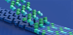 Group of colorful cubes in a row, blue background. Abstract illustration, 3d render.