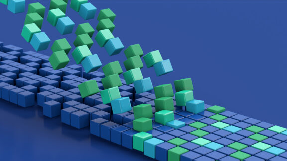Group of colorful cubes in a row, blue background. Abstract illustration, 3d render.