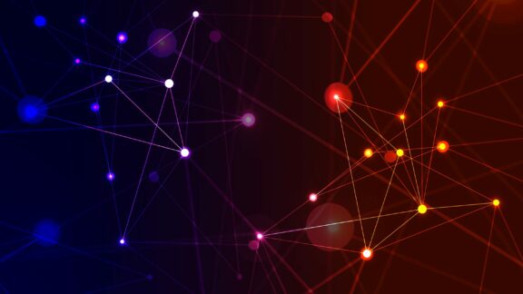 A graphic with red and blue nodes connected with lines.