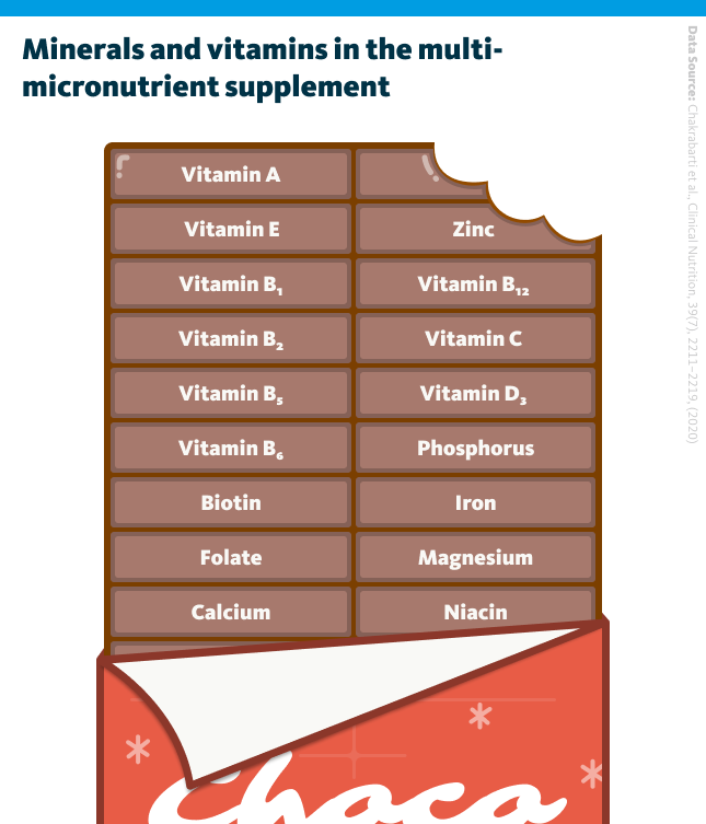 Minerals and vitamins in the multi-micronutrient supplement.