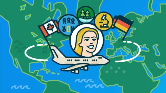 A blonde girl traveling around the world with a plane