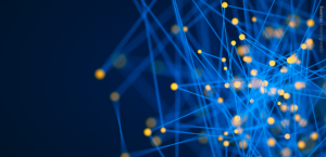 An abstract image of yellow dots connected with blue lines.
