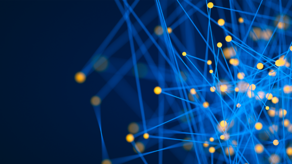 An abstract image of yellow dots connected with blue lines.