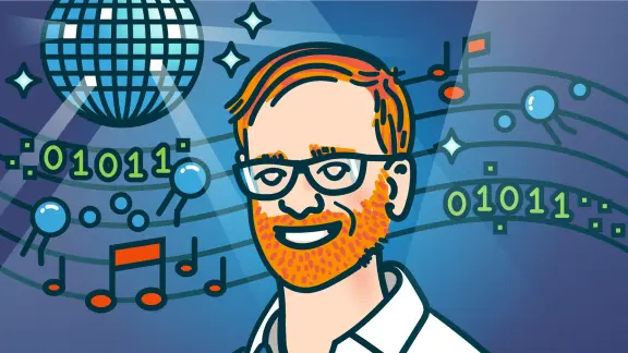 A man with glasses, mirror ball, musical notes, lipids on a blue background