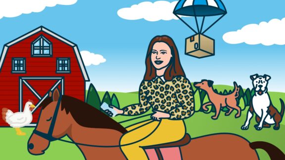 A girl riding a horse in a farm