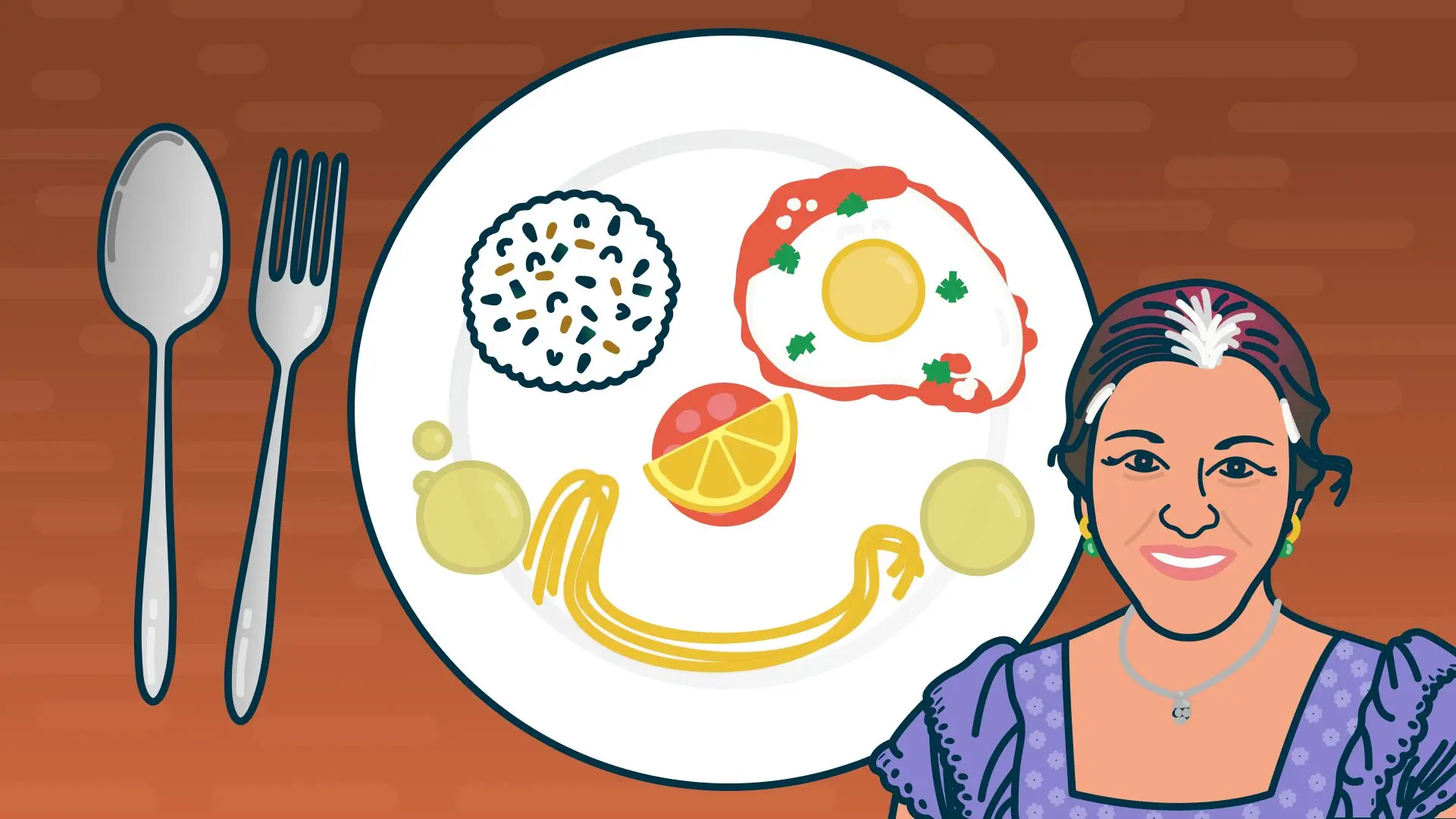 A dish on a table and a woman smiling